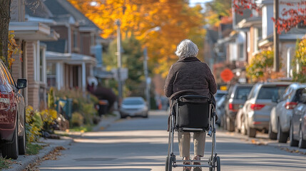 Elderly woman with walker on suburban street.