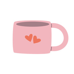 Cup with heart. Pink cup with red hearts for Valentine's Day illustration. Vector flat illustration