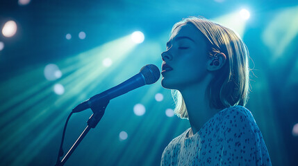 Female singer performing on stage under blue stage lighting.
