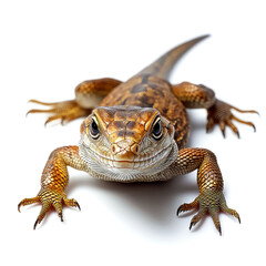 Obraz premium Close-up of a vibrant lizard, showcasing intricate scales and striking colors against a pristine white background.