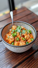 A spicy curried chicken dish featuring boneless chicken chunks simmered with green chilies, garlic, and a medley of fragrant spices.