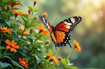 Fototapeta premium Monarch butterfly and orange flowers in lush garden setting