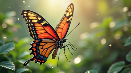 Vibrant monarch butterfly in flight among lush greenery with sunlit bokeh