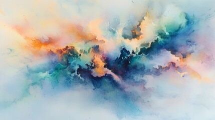 Colorful abstract watercolor art featuring swirling clouds of blue, orange, and green tones in a dreamlike composition