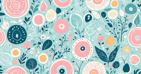 Fototapeta premium abstract illustration of seamless pattern of whimsical hand-drawn shapes and icons in soft pastel hues