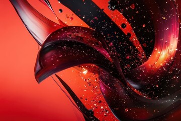 dynamic abstract composition with spiraling crimson ribbons, floating particles, and luminous star...