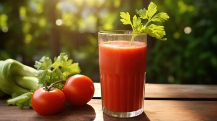 Fototapeta premium Freshly Squeezed Tomato Juice with Celery Sprig on Wooden Table