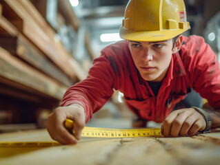 A construction worker meticulously measures lumber in a workshop, ensuring precision.