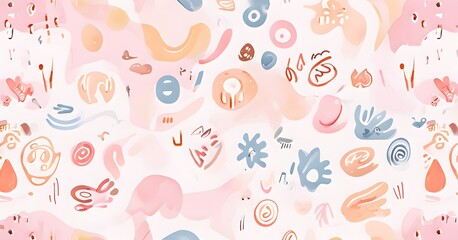 abstract illustration of seamless pattern of whimsical hand-drawn shapes and icons in soft pastel hues