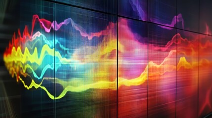 Colorful sound wave visualization displayed on a wall creating a vibrant atmosphere in a modern art...