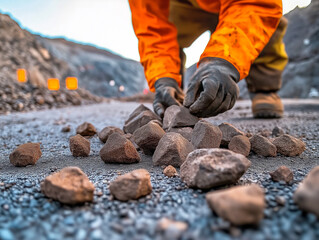 Naklejka premium Worker carefully placing rocks on a roadway, possibly for construction or repair.
