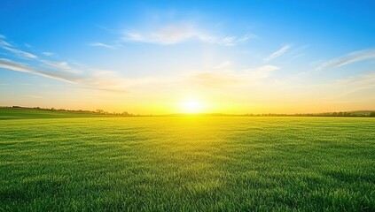 Obraz premium Vibrant Green Field Sunset: Nature's Golden Hour Landscape Photography