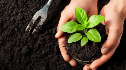 Hands gently holding a young green plant in soil, with a gardening fork nearby, symbolizing growth