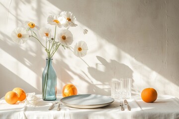 A serene still life featuring oranges, poppies in a blue vase, and delicate shadows on a sunlit table.