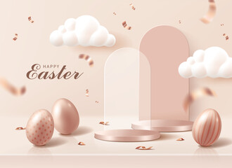 Fototapeta premium A rose gold platform with golden eggs and confetti for Easter.
