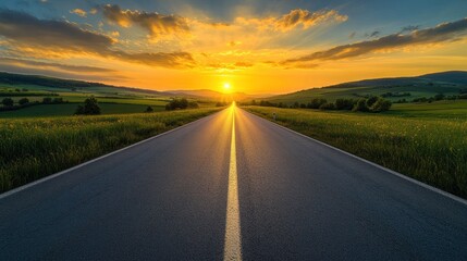 Sunset road trip, scenic highway, hills, fields