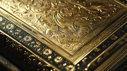 The Holy Bible, beautifully decorated with golden ornate classic patterns, a ceremonial book used during royal coronation, bestowment of the pope, ordination, and other Christian religious events.