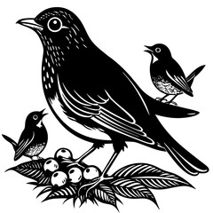 Mother Robin feeding her babies vector art illustration 