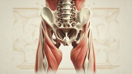 Detailed anatomical illustration of the human pelvis and associated muscles for educational purposes