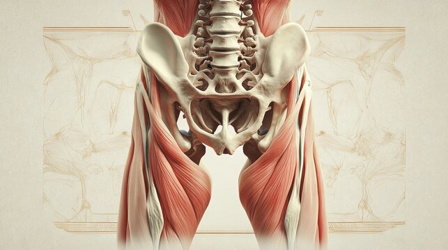 Detailed anatomical illustration of the human pelvis and associated muscles for educational purposes