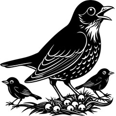 Mother Robin feeding her babies vector art illustration 