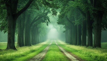 Fototapeta premium Serene Path Through Misty Green Forest: Tranquil Nature Walk in Lush Landscape, Foggy Trees, Serene Scenery