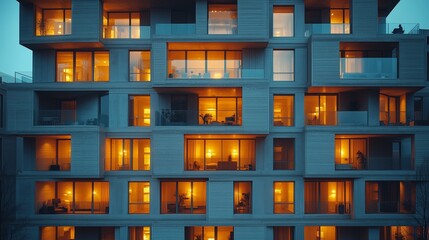 Illuminated apartment units glow warmly against a blue evening sky, showcasing modern urban living and architectural design.