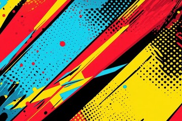dynamic pop art background with halftone dots, bold geometric shapes, and comic-style action lines in vibrant primary colors
