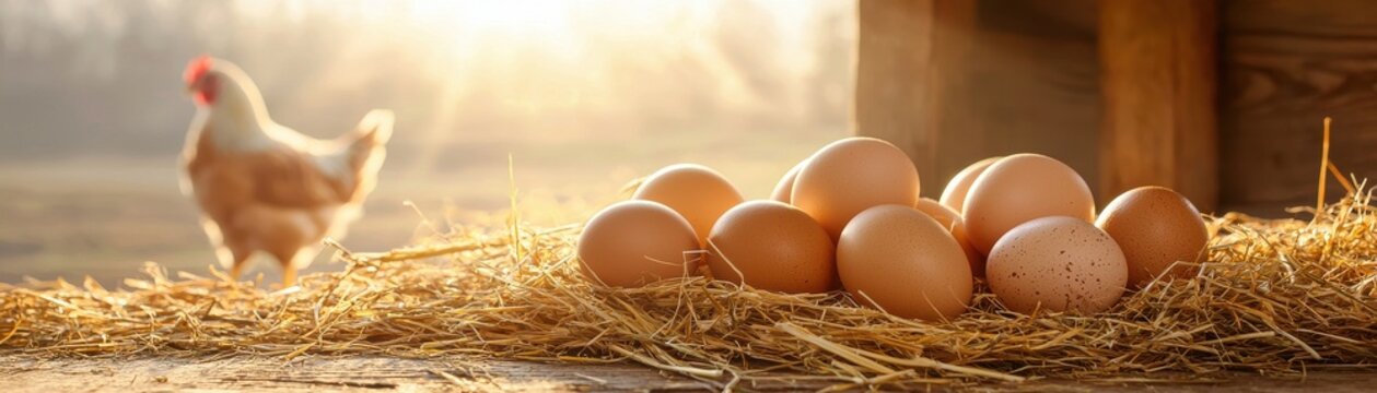 A serene farm scene featuring a hen and freshly laid eggs nestled in straw, illuminated by warm sunlight.
