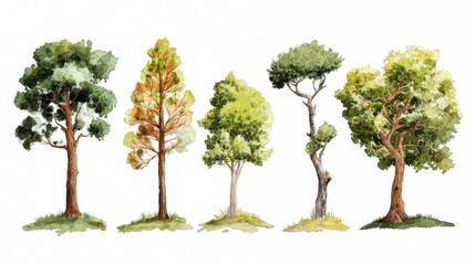 Obraz premium Five distinct trees showcasing a variety of colors and textures in a natural landscape