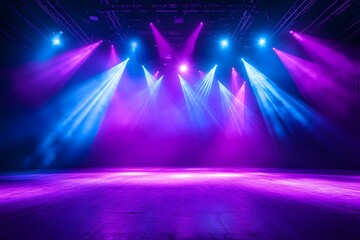 Stage lighting, purple blue beams, empty venue, concert backdrop, event promo