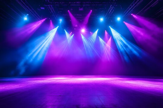 Stage lighting, purple blue beams, empty venue, concert backdrop, event promo