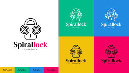 Fototapeta premium Creative logo design combining a lock and spiral, symbolizing security and protection, with four vibrant background color options: green, blue, yellow, and pink.