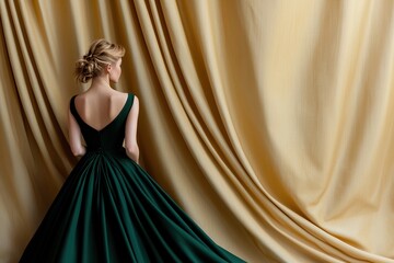 A woman stands poised in an exquisite emerald green gown, her back to the viewer, against luxurious gold curtains that enhance the rich ambiance of the scene