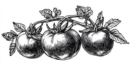 Three ripe tomatoes hanging on a vine with lush green leaves in detailed sketch style