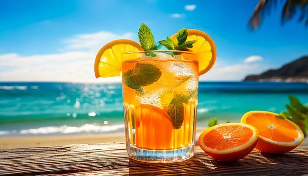 a glass of refreshing drink garnished with orange slices and mint leaves, set against a brig
