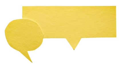 Two yellow blank cut out cardboard paper speech bubbles with rough edges and copy space for text on transparent png background design element