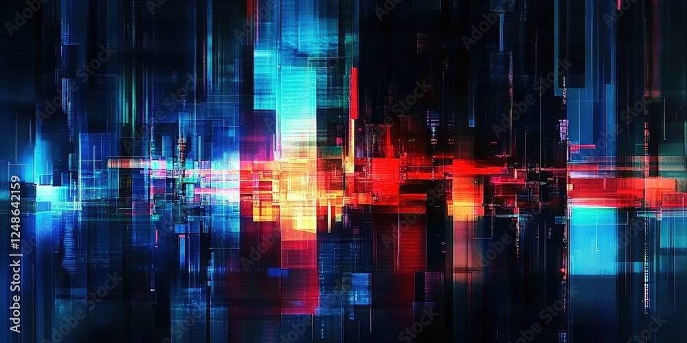 Poster abstract digital glitch background with glowing data elements and vibrant color patterns providing a
