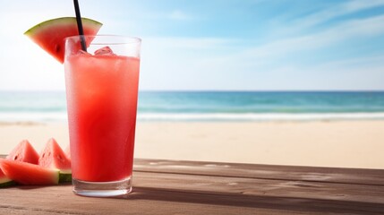 Refreshing watermelon beverage near beach backdrop under sunny skies