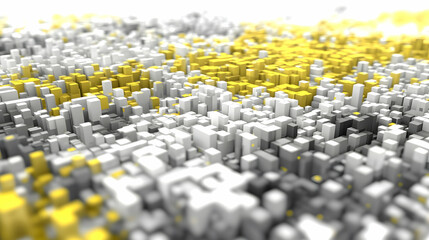 Obraz premium Abstract city skyline, cubes, gold, white, gray, digital art, background