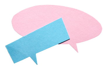 Pink blue blank cut out cardboard paper speech bubbles with rough edges and copy space for text on transparent png background design element
