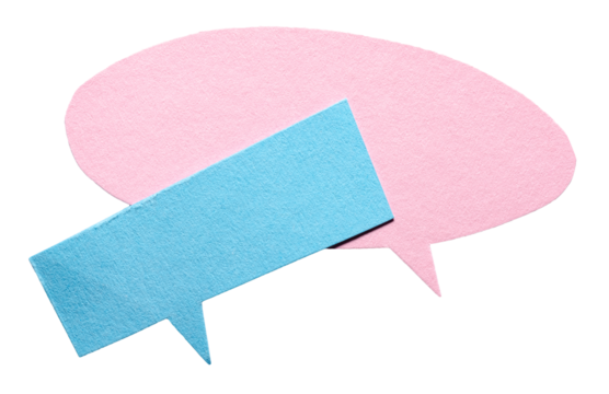 Pink blue blank cut out cardboard paper speech bubbles with rough edges and copy space for text on transparent png background design element