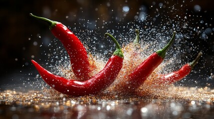 Red chilies splashing with spices in an artistic culinary display.