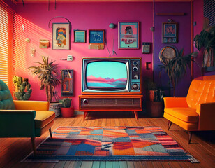 A retro living room with an old TV and 80s decor