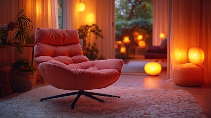 Obraz premium Cozy interior scene featuring a pink lounge chair on a fluffy rug, illuminated by warm ambient lighting and plants in the background