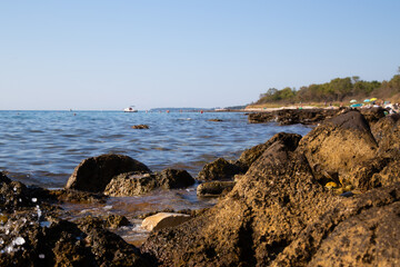 Close up of coastline with rocks and cave in Istria, Croatia