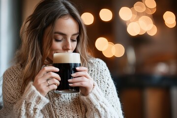 In a traditional Irish pub, a woman savors a pint of stout beer while sitting comfortably. Soft lights and rustic wood create an inviting atmosphere, perfect for relaxation