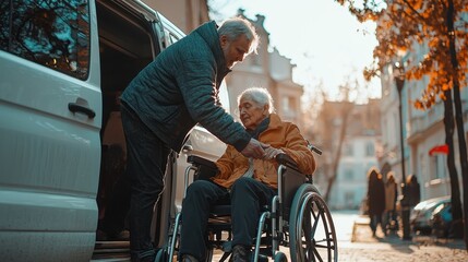 Elderly man assisting woman in a wheelchair into a van on a sunny cobblestone street, care and mobility concept