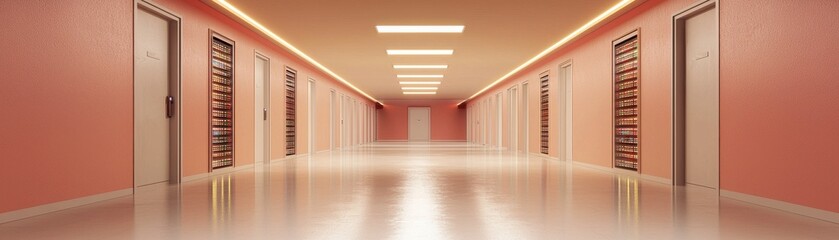 Fototapeta premium A modern corridor featuring multiple doors on either side, with soft lighting and a clean, minimalistic design.