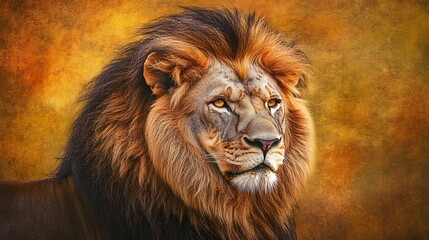 Fototapeta premium Majestic male lion portrait with rich brown mane gazes forward against a textured gold background.